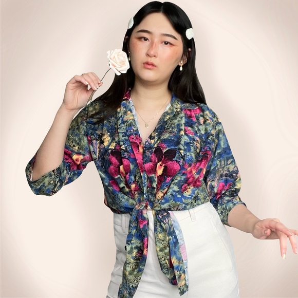 vtg orchid floral button up - Picture 2 of 4